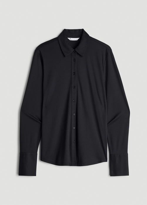 Slub Knit Button-Up Shirt for Tall Women in Black