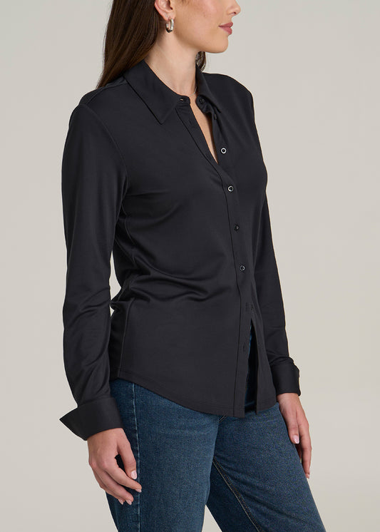 Knit Button Up Women's Tall Shirt in Black