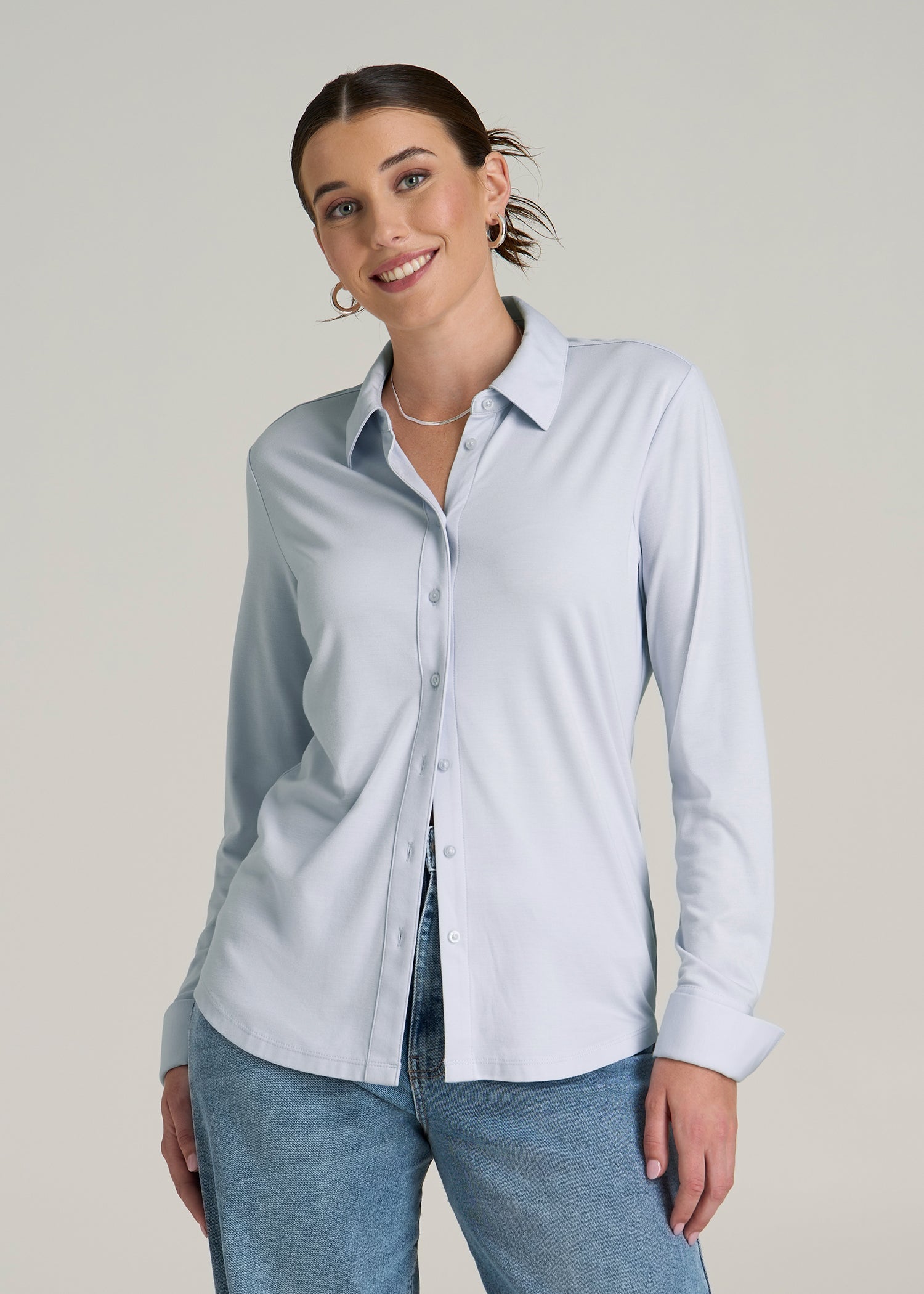 Slub Knit Button-Up Shirt for Tall Women in Light Blue
