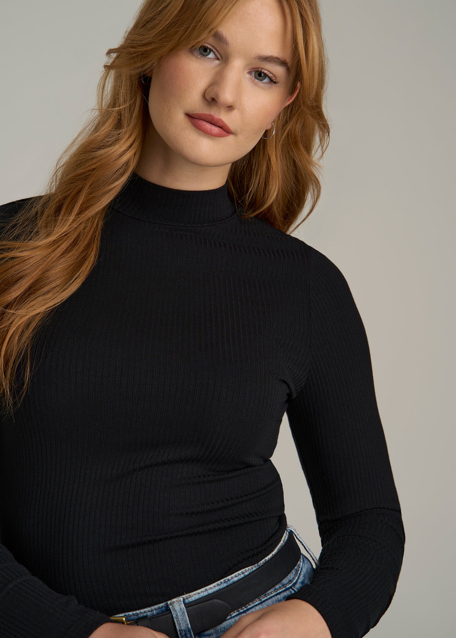 Long Sleeve Mock Neck Ribbed Top Black American Tall