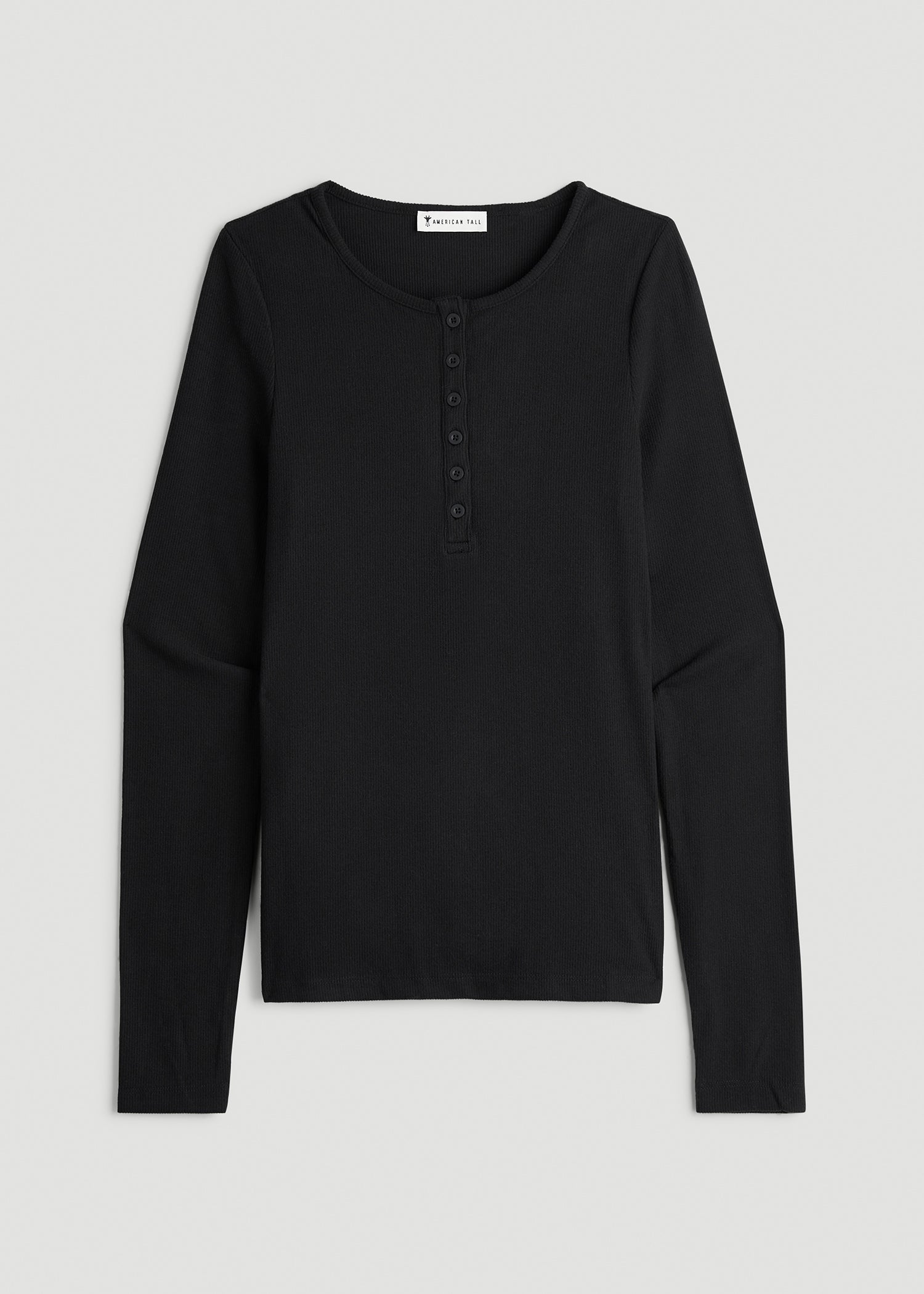 Long Sleeve Ribbed Crewneck Henley Shirt for Tall Women in Black