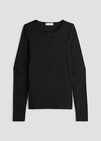 Long Sleeve Ribbed Crewneck Henley Shirt for Tall Women in Black