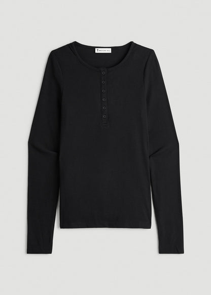 Long Sleeve Ribbed Crewneck Henley Shirt for Tall Women in Black