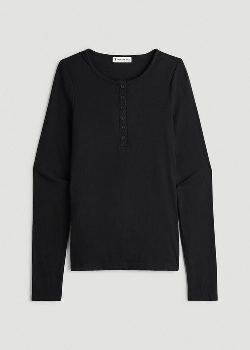 Long Sleeve Ribbed Crewneck Henley Shirt for Tall Women in Black