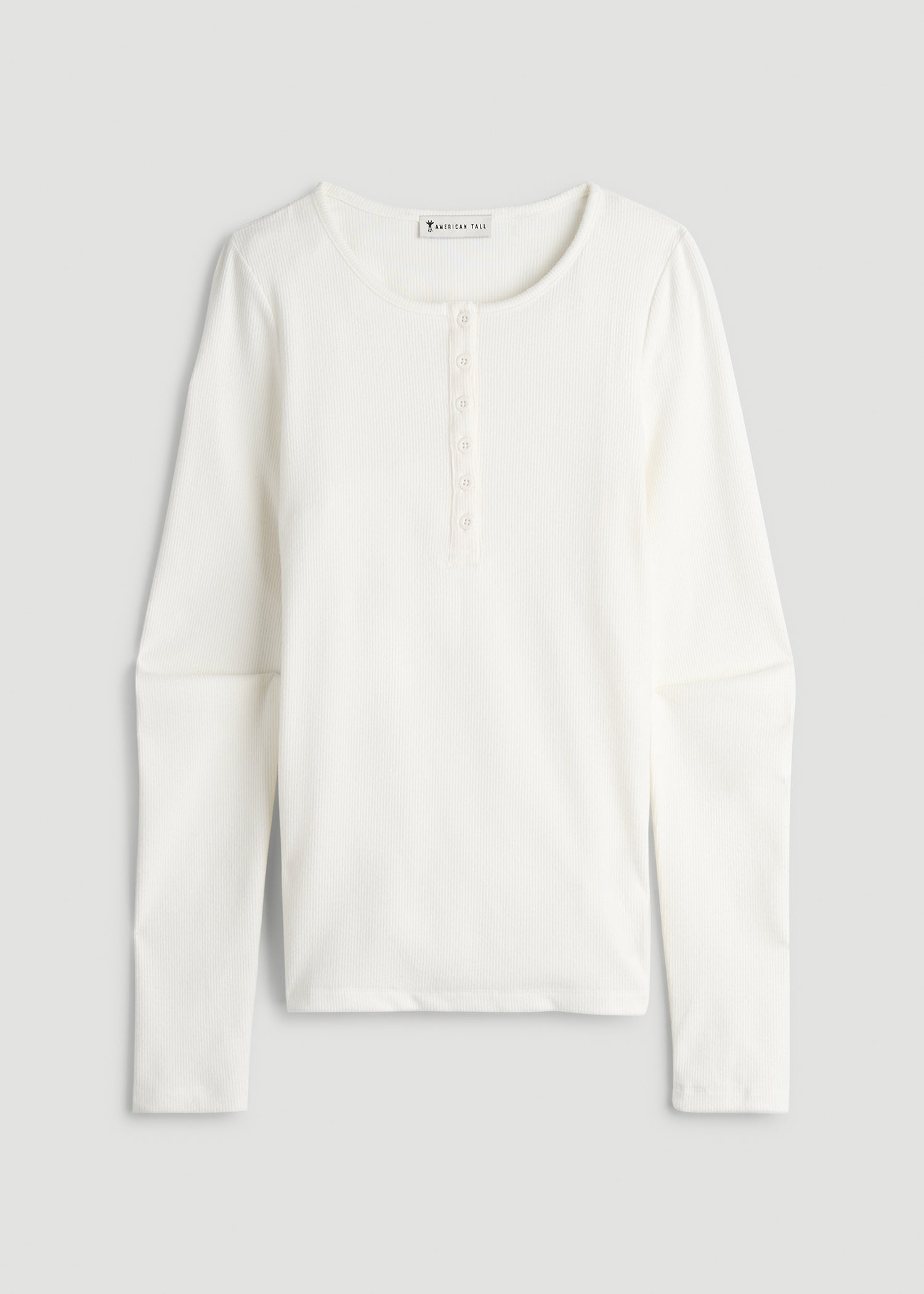 Long Sleeve Ribbed Crewneck Henley Shirt for Tall Women in Cream