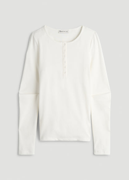 Long Sleeve Ribbed Crewneck Henley Shirt for Tall Women in Cream