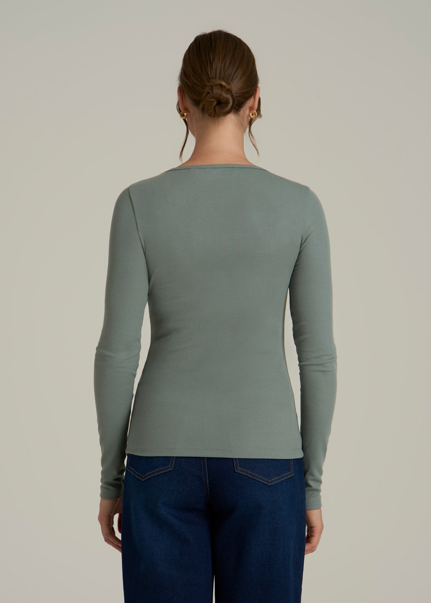 Long Sleeve Ribbed Square Neck Top for Tall Women in Balsam Green