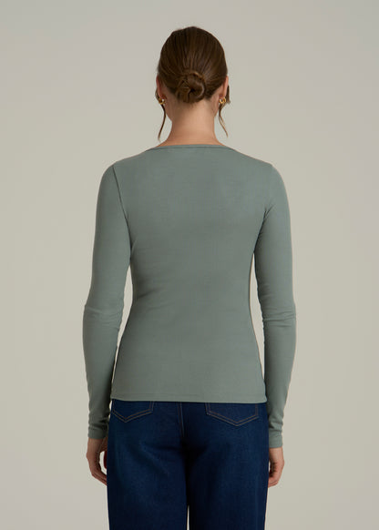 Long Sleeve Ribbed Square Neck Top for Tall Women in Balsam Green