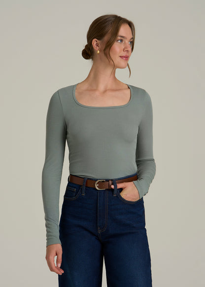 Long Sleeve Ribbed Square Neck Top for Tall Women in Balsam Green