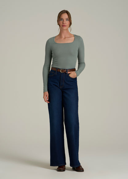 Long Sleeve Ribbed Square Neck Top for Tall Women in Balsam Green