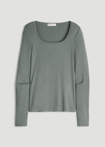 Long Sleeve Ribbed Square Neck Top for Tall Women in Balsam Green