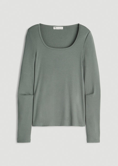 Long Sleeve Ribbed Square Neck Top for Tall Women in Balsam Green