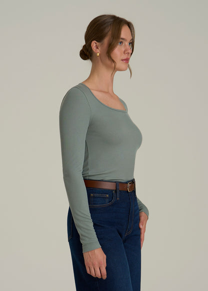 Long Sleeve Ribbed Square Neck Top for Tall Women in Balsam Green