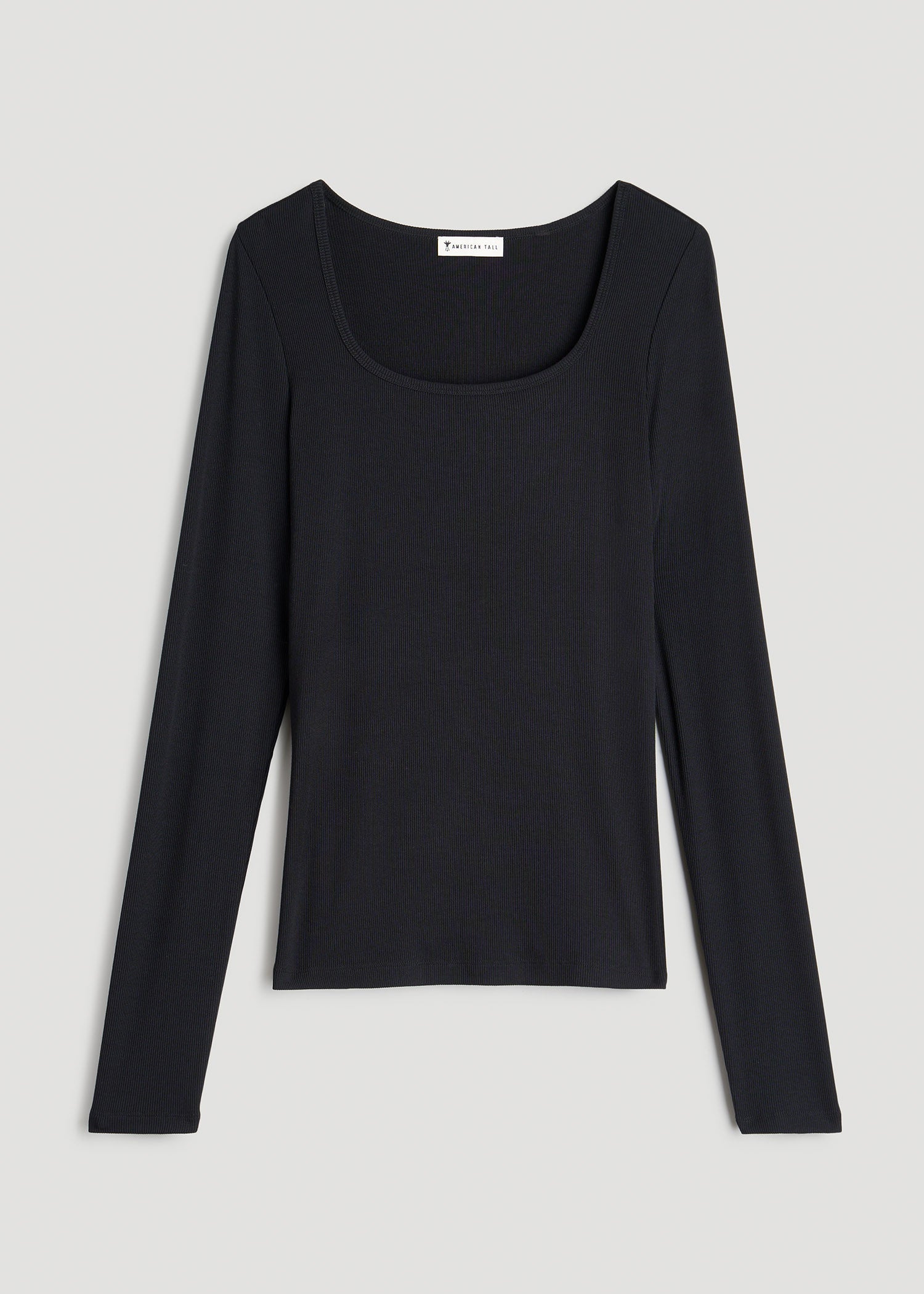 Long Sleeve Ribbed Square Neck Top for Tall Women in Black