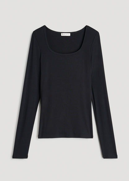 Long Sleeve Ribbed Square Neck Top for Tall Women in Black