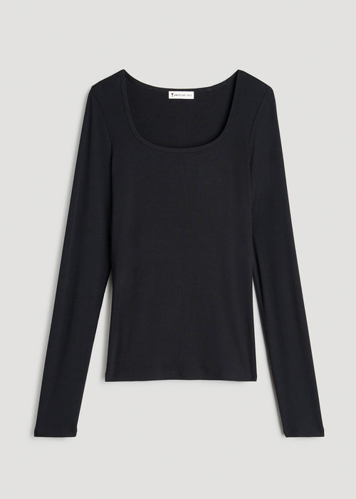 Long Sleeve Ribbed Square Neck Top for Tall Women in Black