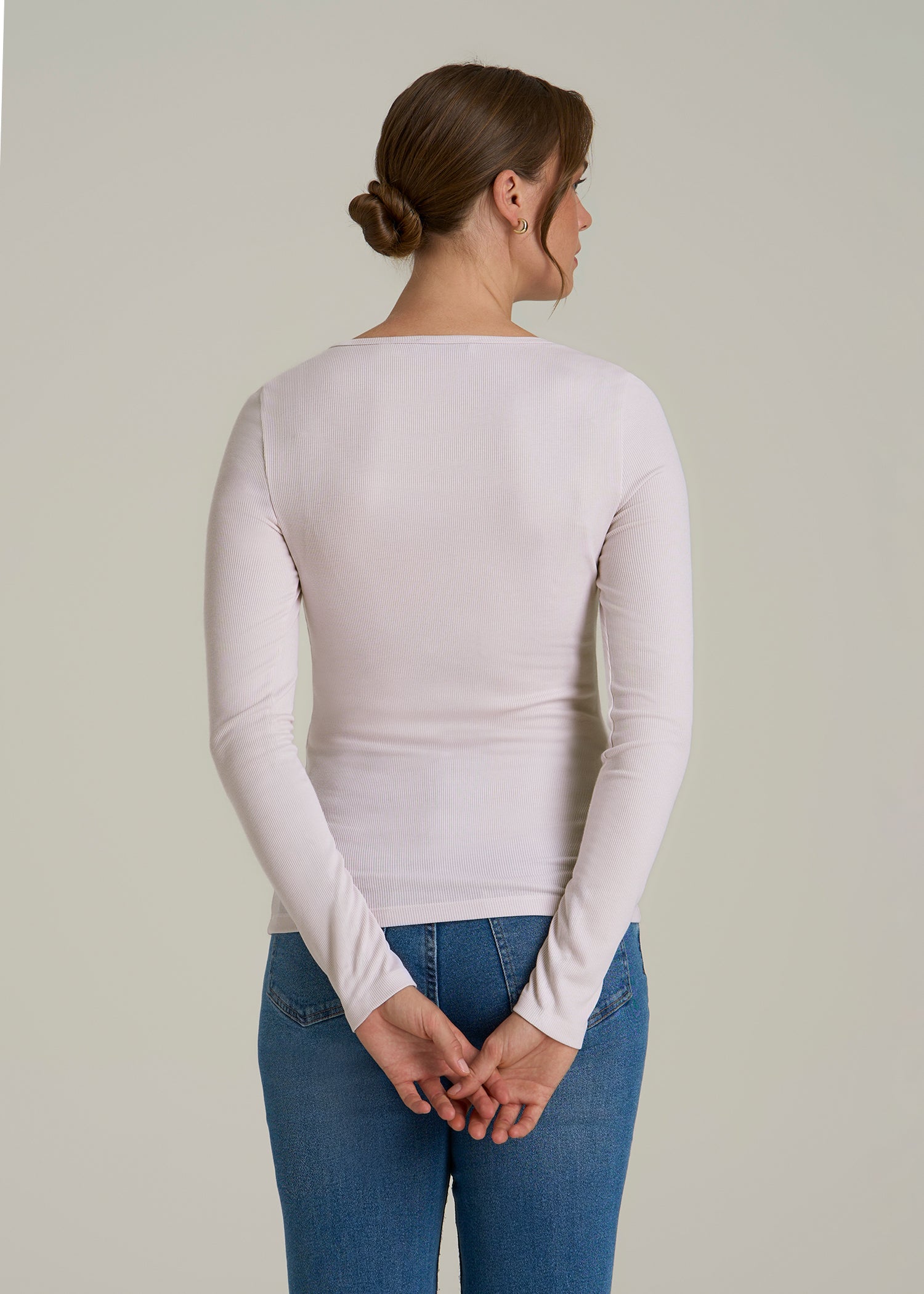 Long Sleeve Ribbed Square Neck Top for Tall Women in Grey Lilac