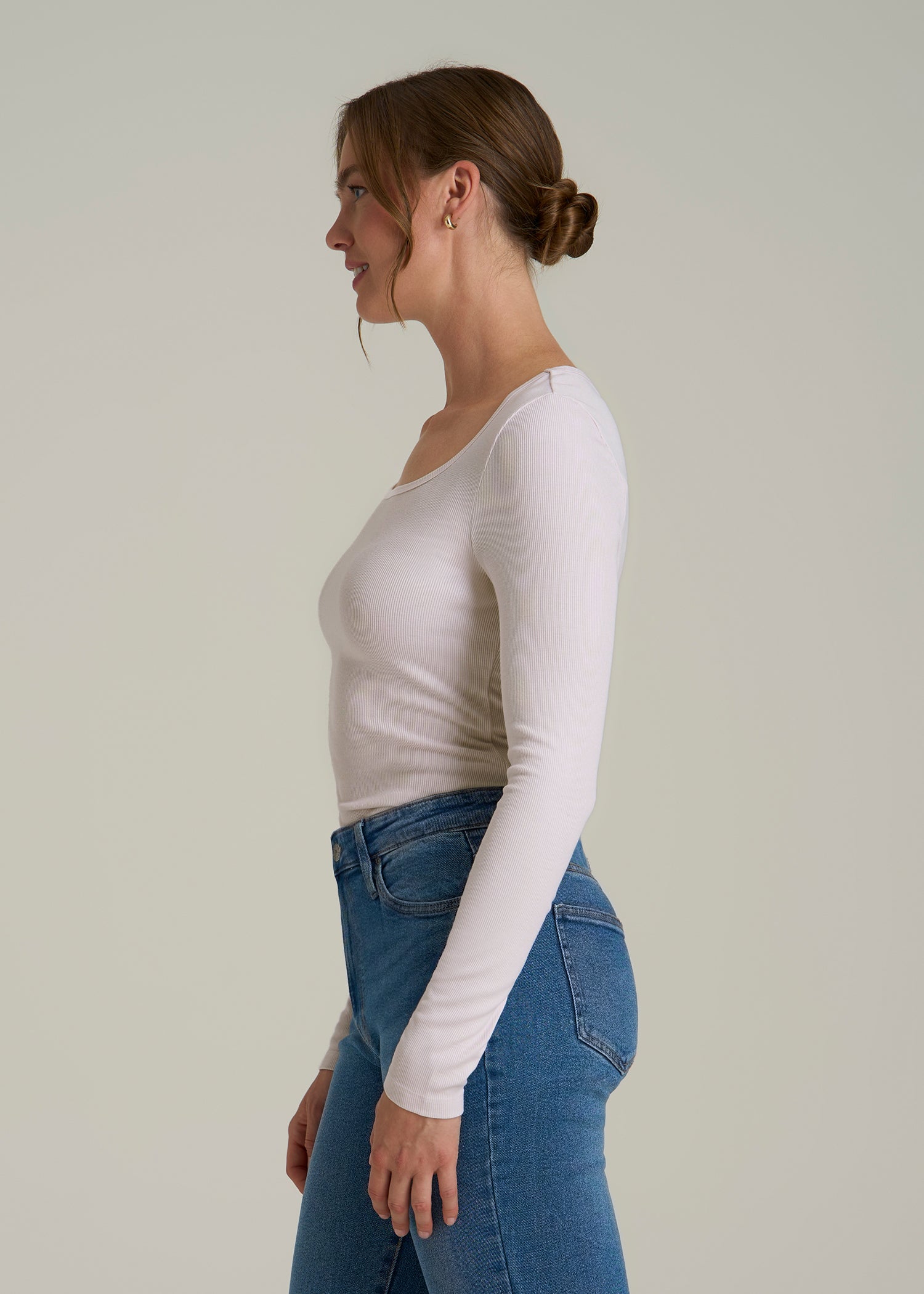 Long Sleeve Ribbed Square Neck Top for Tall Women in Grey Lilac