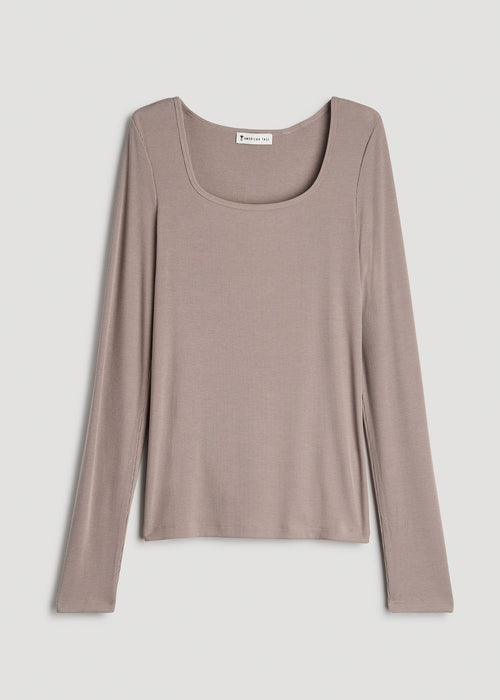 Long Sleeve Ribbed Square Neck Top for Tall Women in Truly Taupe