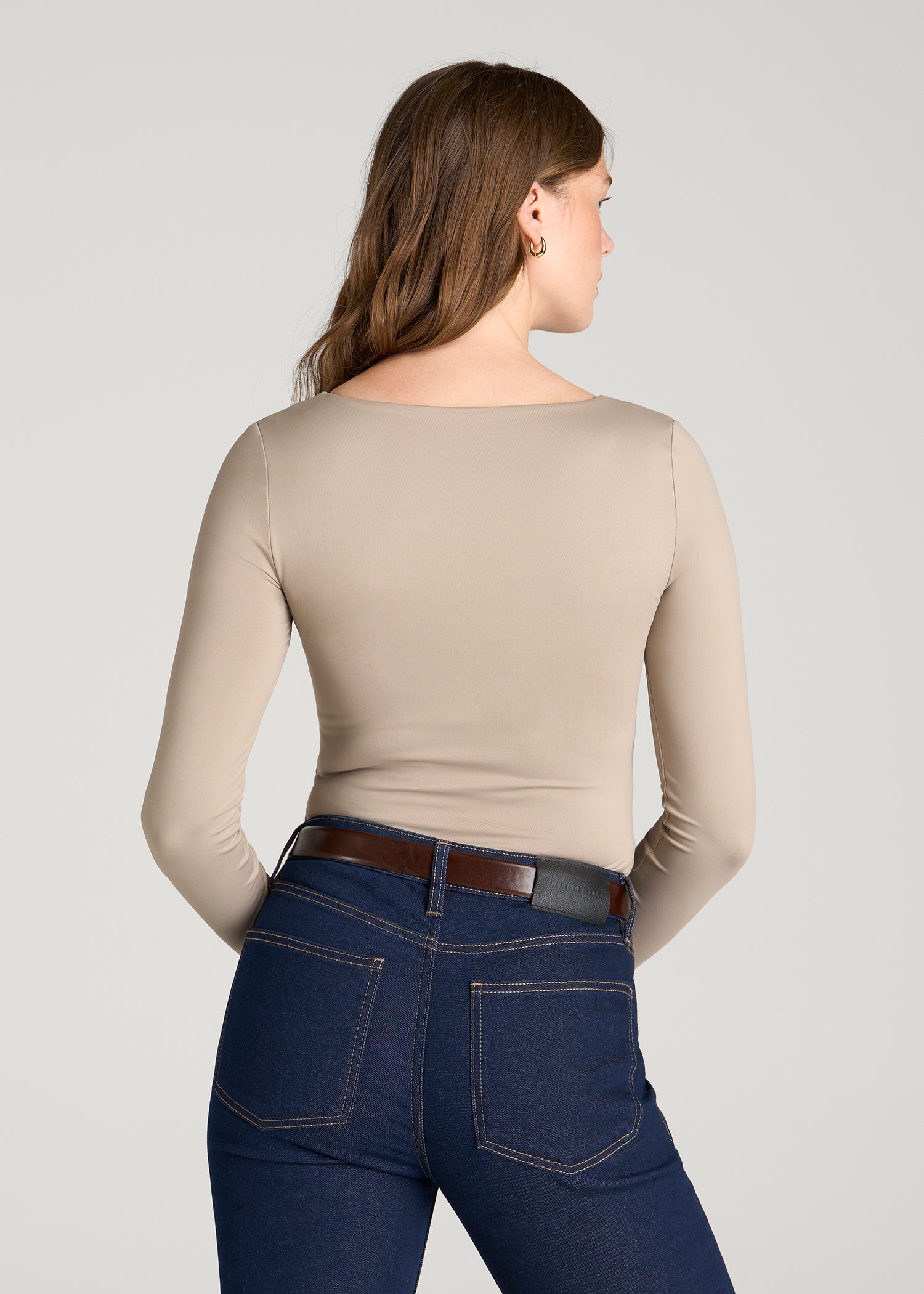 Long Sleeve Square Neck Bodysuit for Tall Women in Cobblestone
