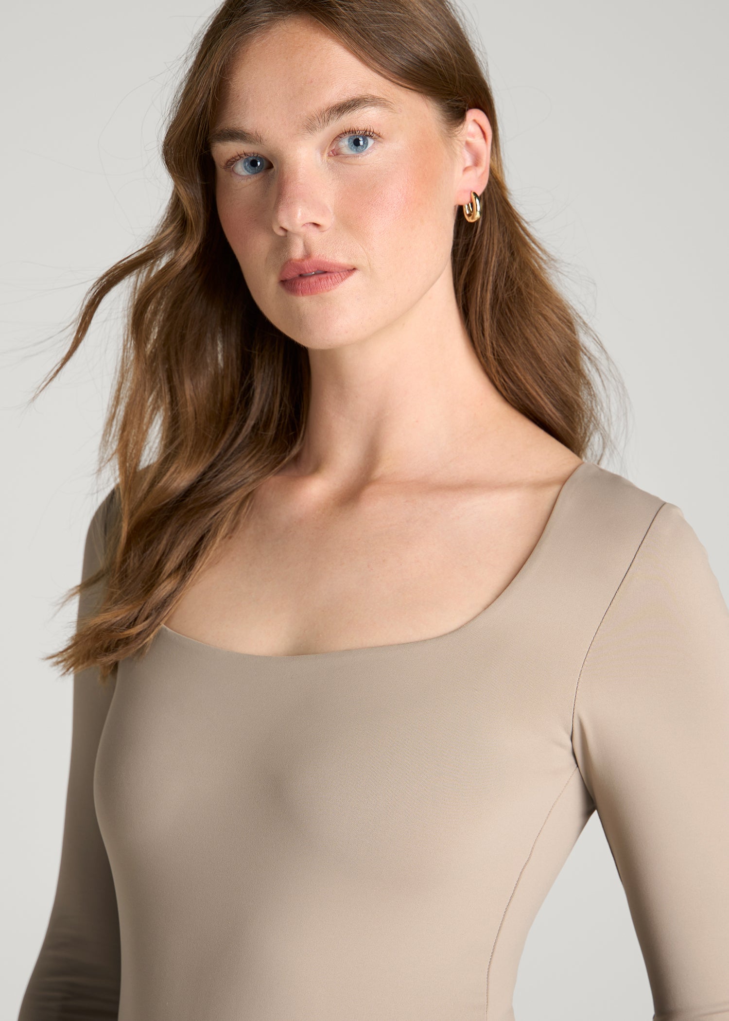 Long Sleeve Square Neck Bodysuit for Tall Women in Cobblestone