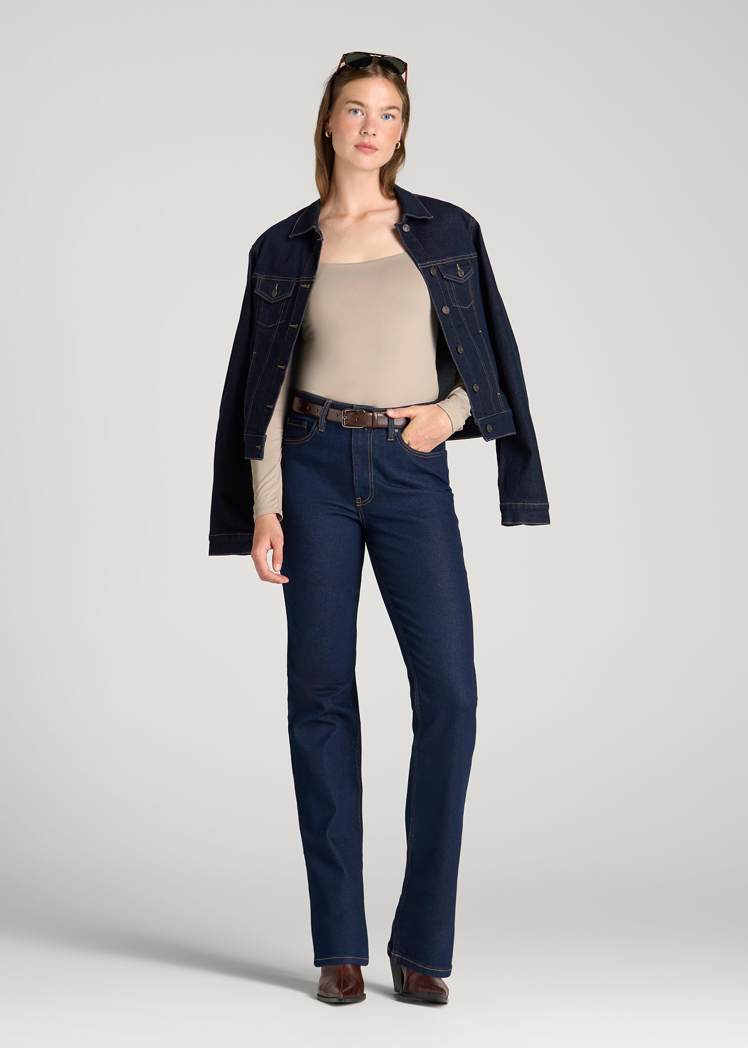 Long Sleeve Square Neck Bodysuit for Tall Women in Cobblestone