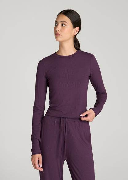 Lightweight Ribbed Cropped Lounge Top for Tall Women in Aubergine