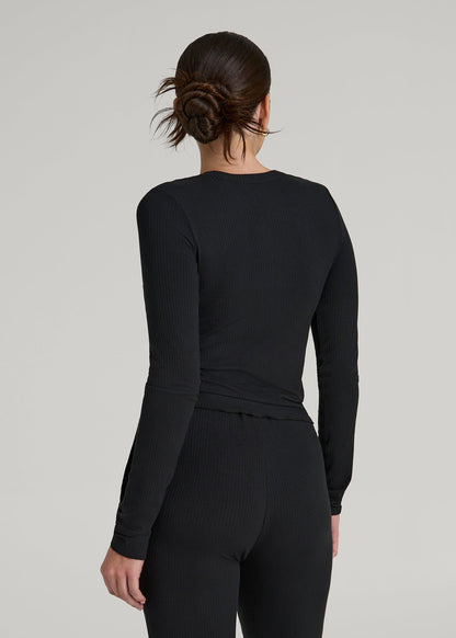 Lightweight Ribbed Cropped Lounge Shirt for Tall Women in Black