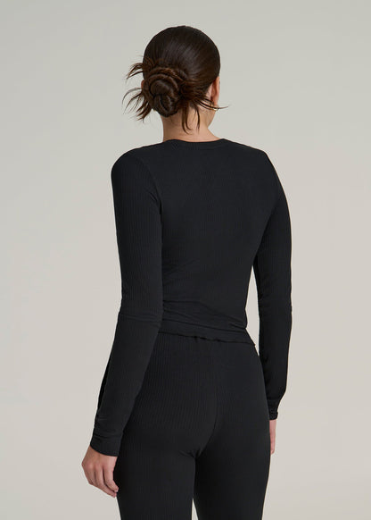 Lightweight Ribbed Cropped Lounge Shirt for Tall Women in Black