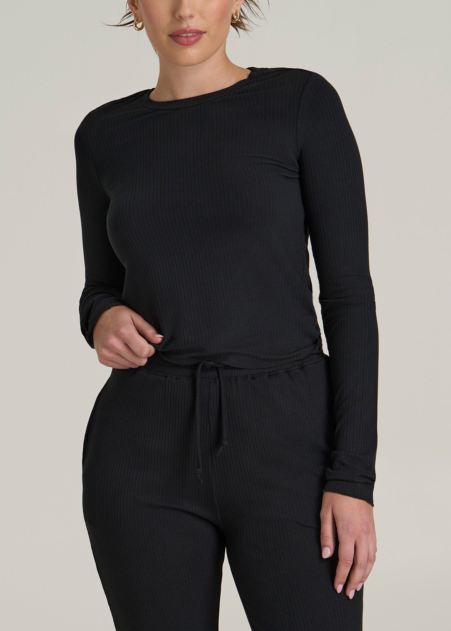 Lightweight Ribbed Cropped Lounge Shirt for Tall Women in Black