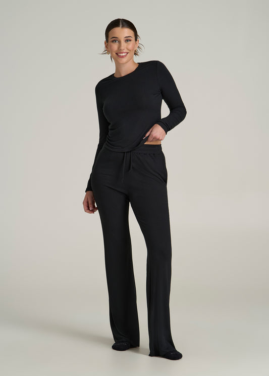 Lightweight Ribbed Cropped Lounge Shirt for Tall Women in Black