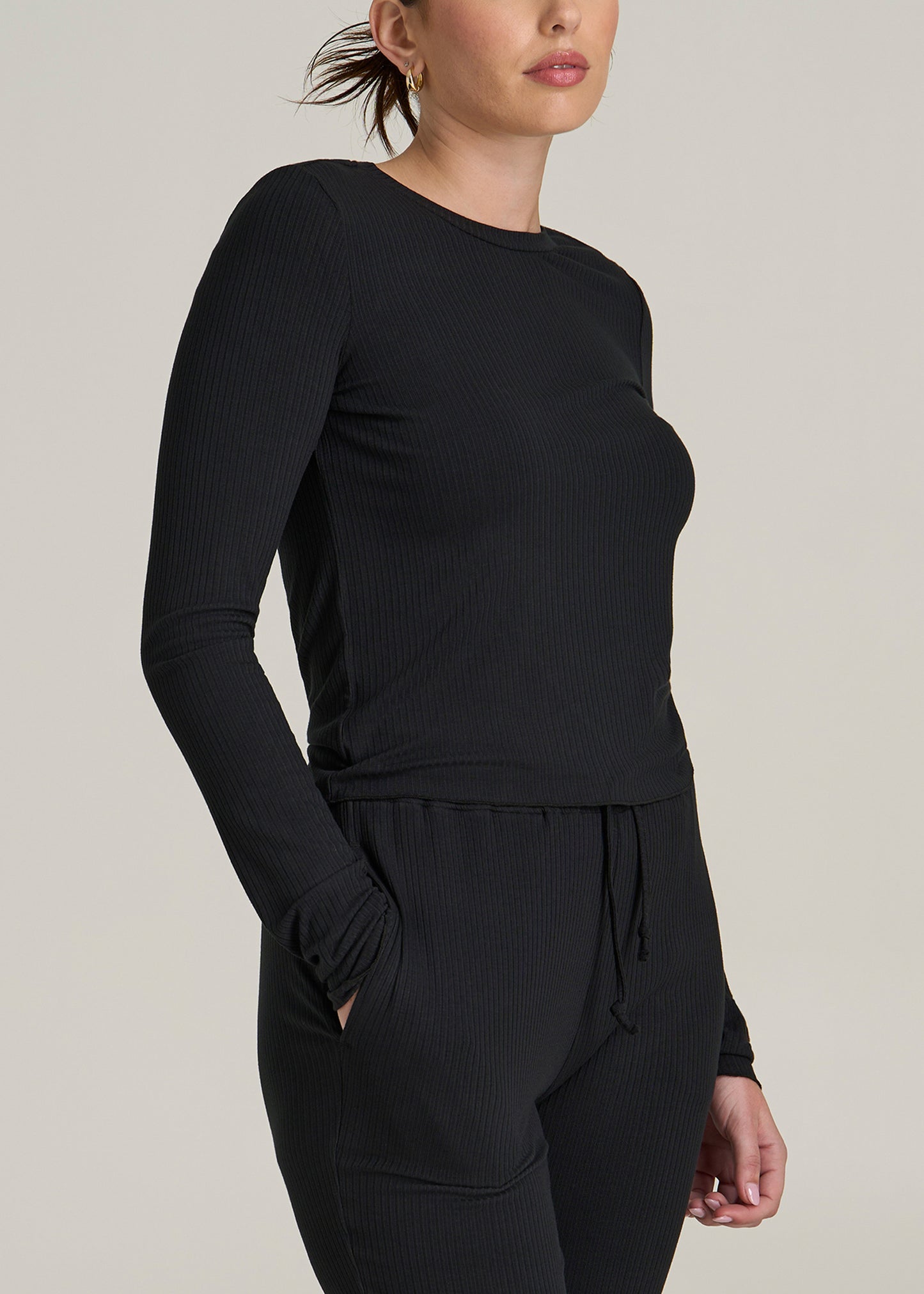 Lightweight Ribbed Cropped Lounge Shirt for Tall Women in Black