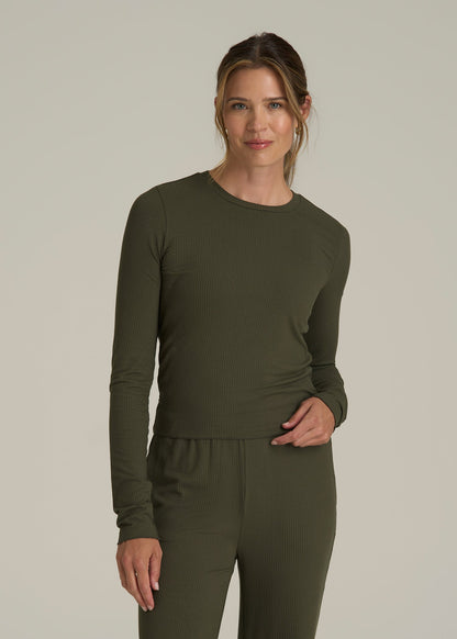 Lightweight Ribbed Cropped Lounge Shirt for Tall Women in Forest Night