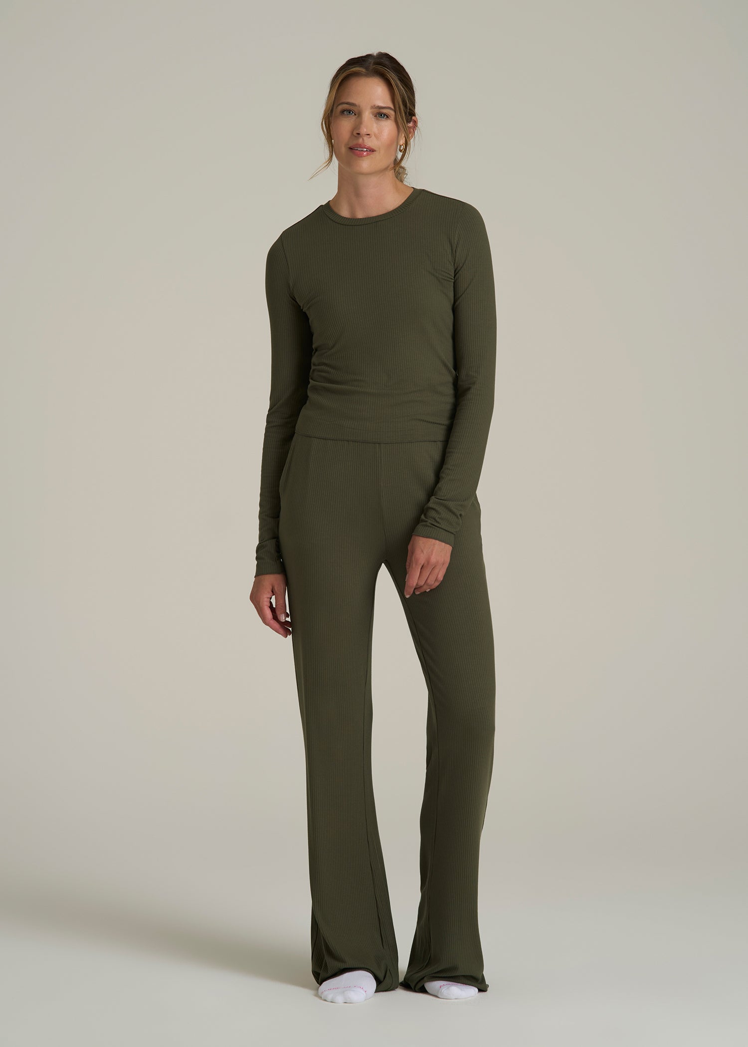 Lightweight Ribbed Cropped Lounge Shirt for Tall Women in Forest Night