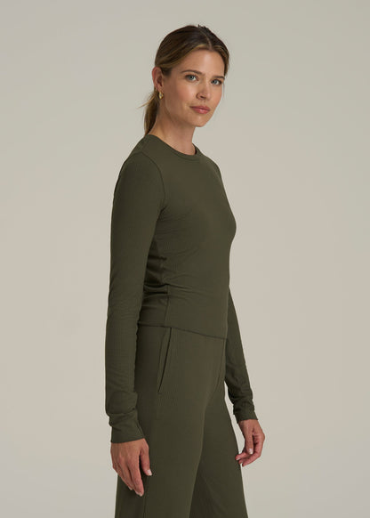 Lightweight Ribbed Cropped Lounge Shirt for Tall Women in Forest Night