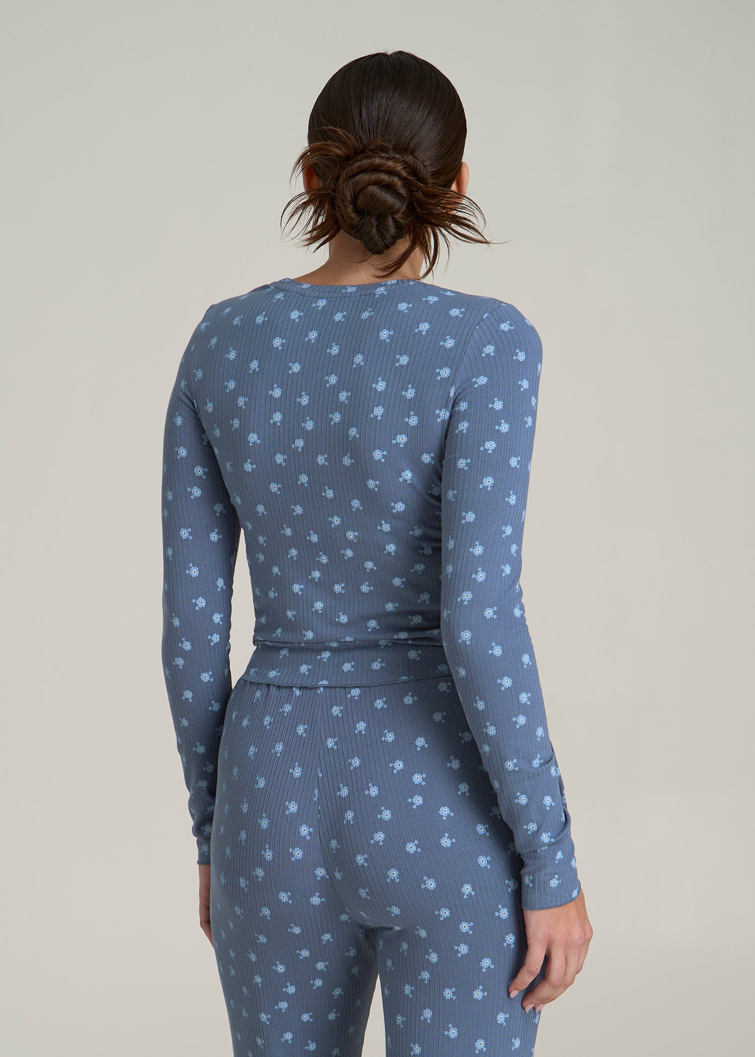 Lightweight Ribbed Cropped Lounge Shirt for Tall Women in Vintage Indigo Floral