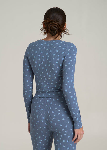 Lightweight Ribbed Cropped Lounge Shirt for Tall Women in Vintage Indigo Floral