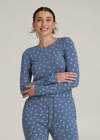 Lightweight Ribbed Cropped Lounge Shirt for Tall Women in Vintage Indigo Floral