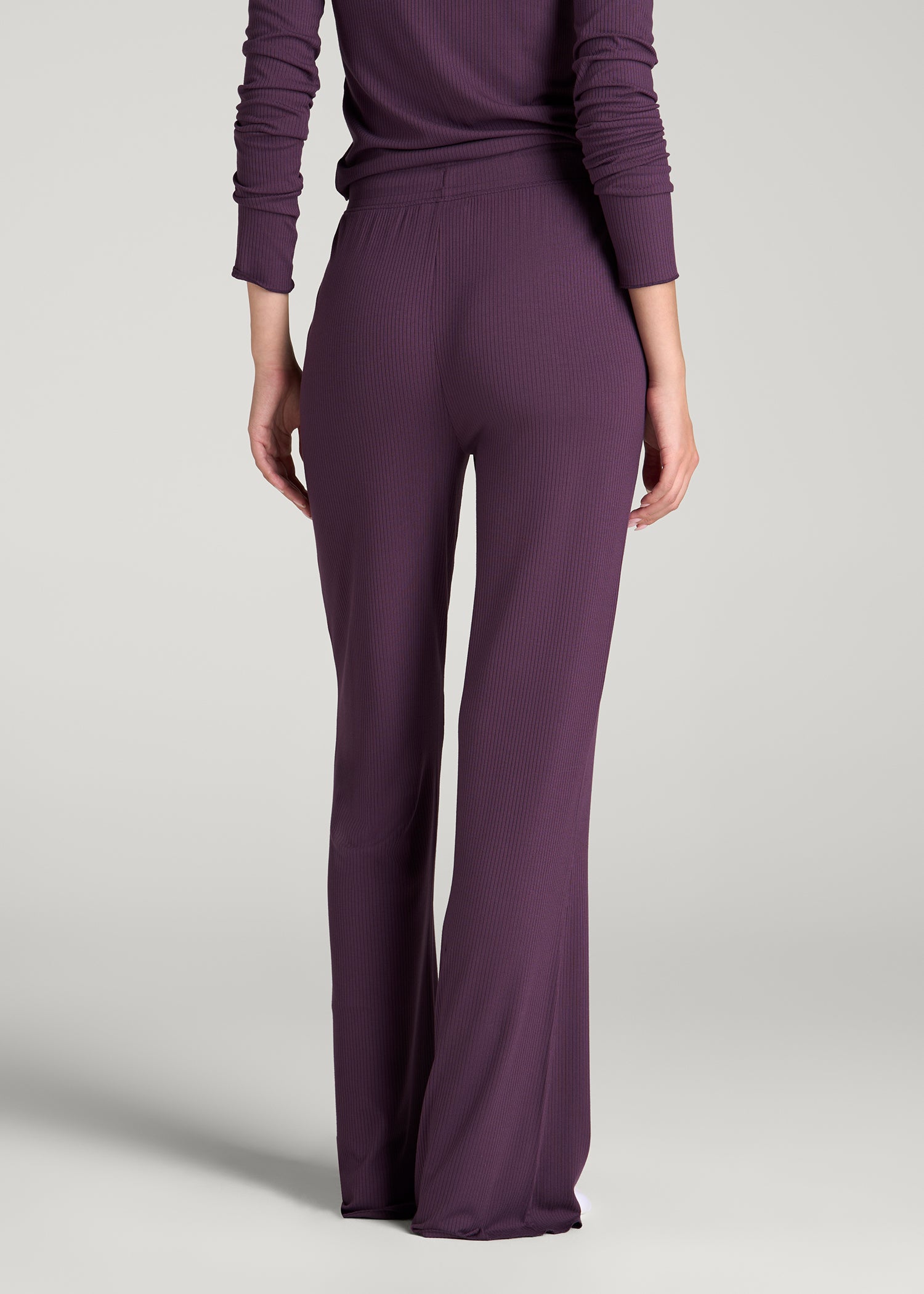 Lightweight Ribbed Flare Pants for Tall Women in Aubergine