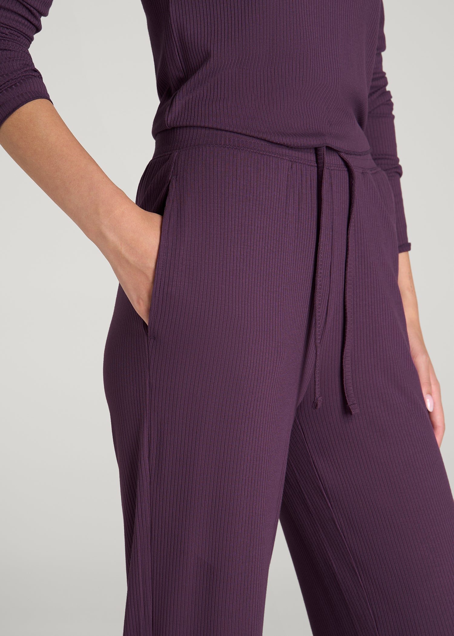 Lightweight Ribbed Flare Pants for Tall Women in Aubergine