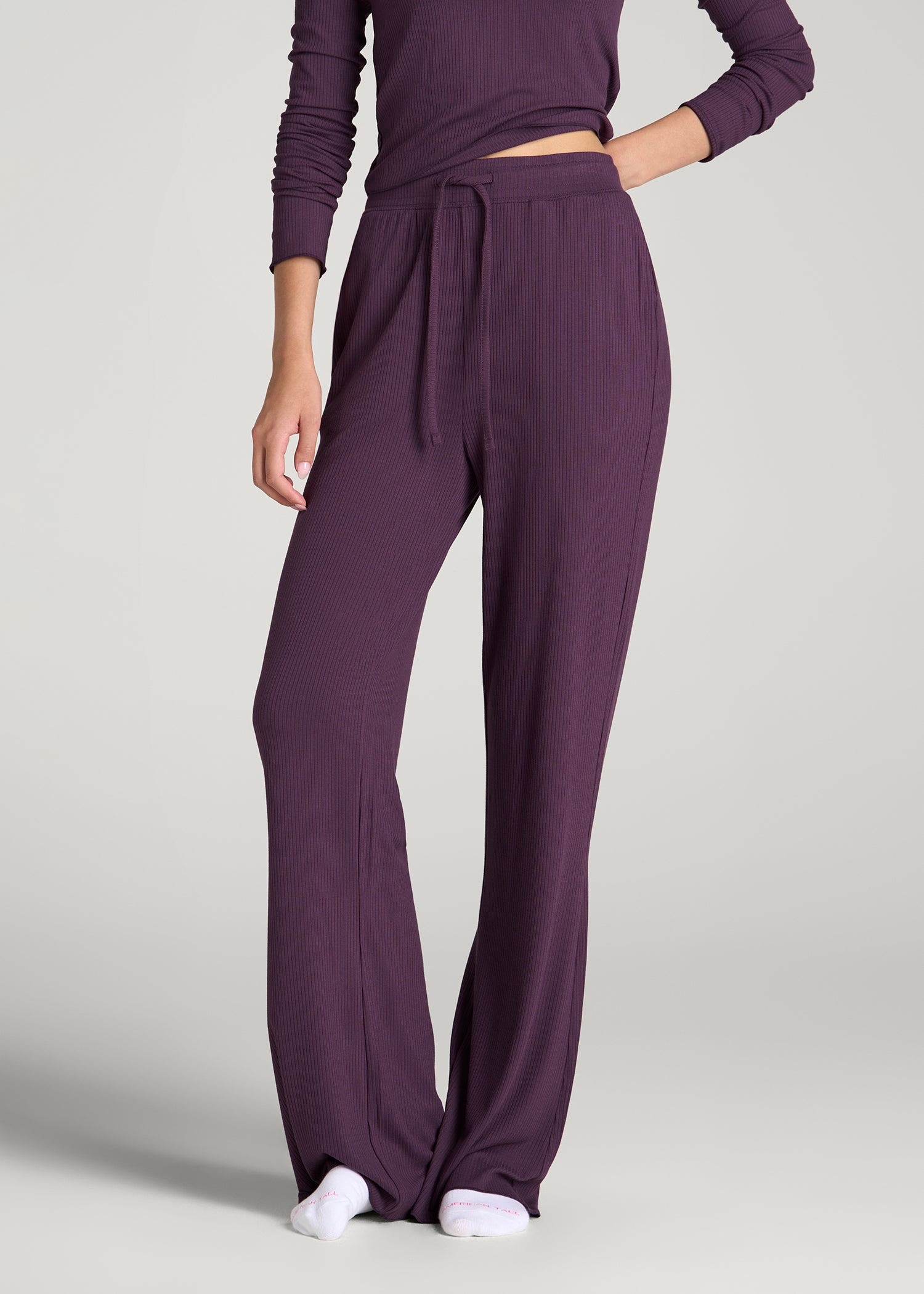 Lightweight Ribbed Flare Pants for Tall Women in Aubergine
