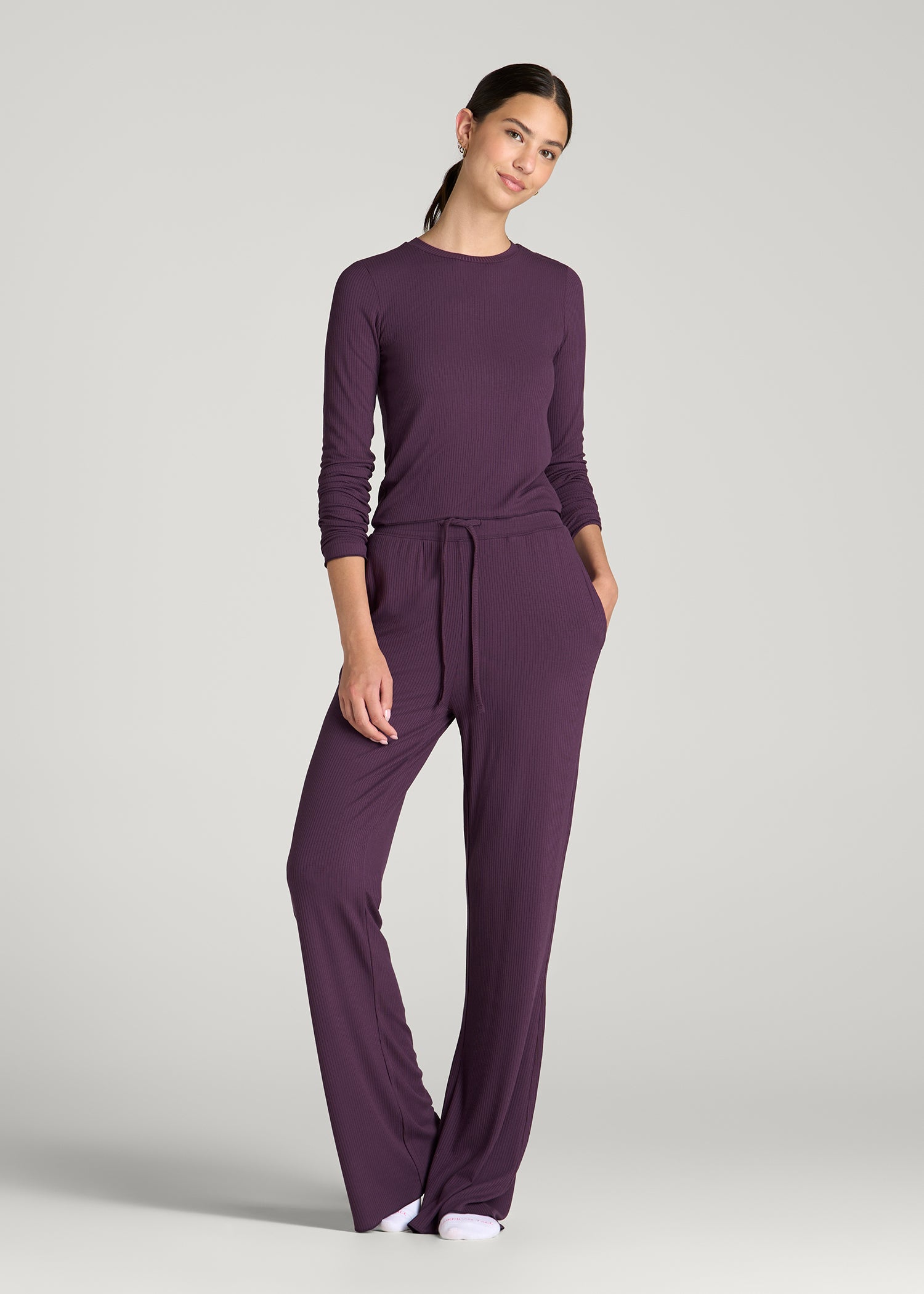 Lightweight Ribbed Flare Pants for Tall Women in Aubergine