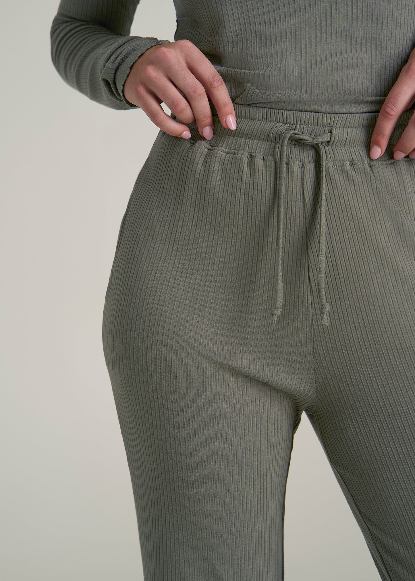 Ribbed Flare Pants for Tall Women in Camper Green