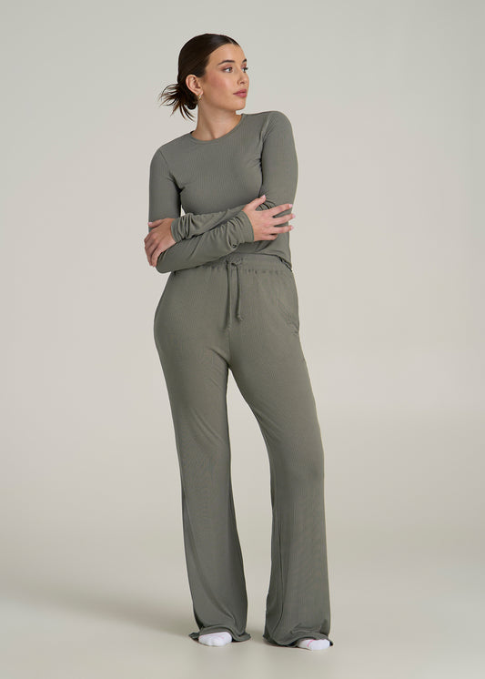 Ribbed Flare Pants for Tall Women in Camper Green