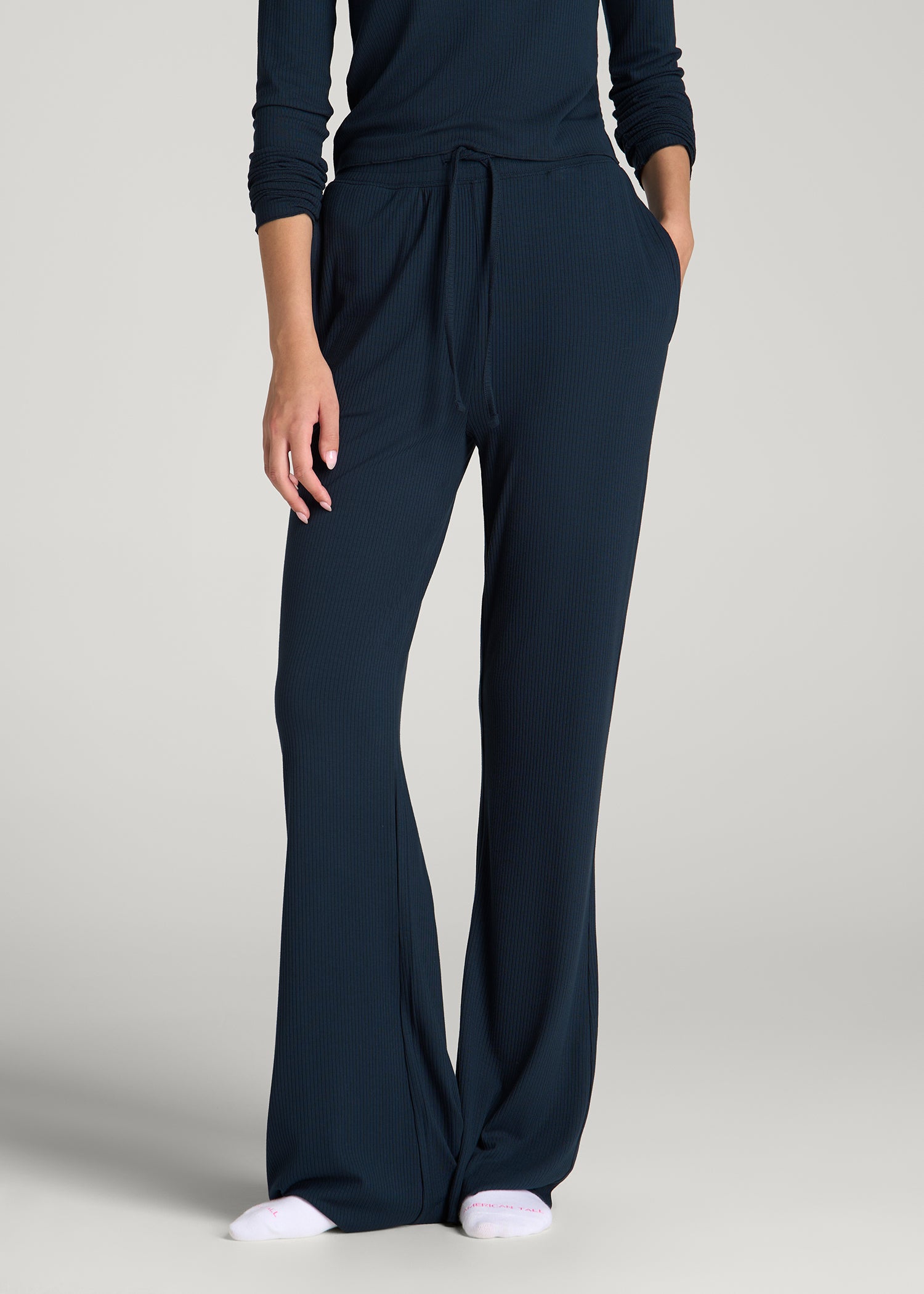 Lightweight Ribbed Flare Pants for Tall Women in Royal Navy