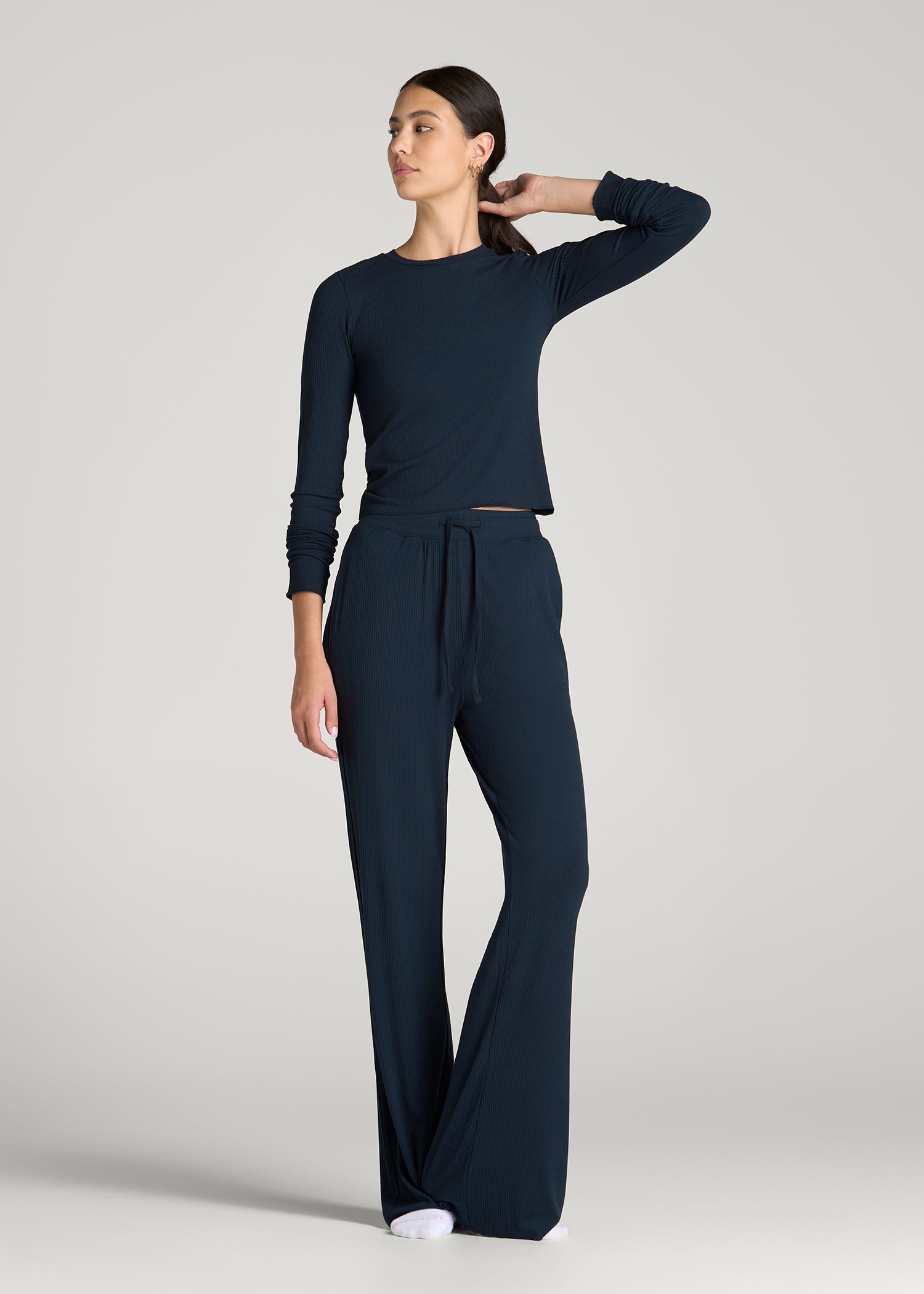 Lightweight Ribbed Flare Pants for Tall Women in Royal Navy