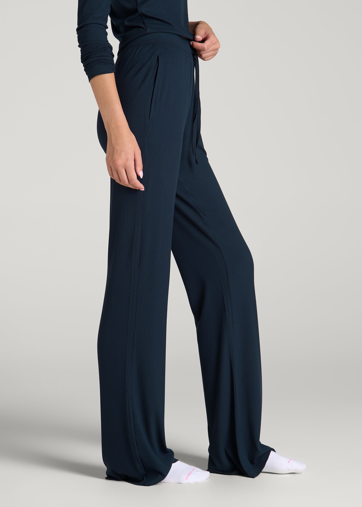 Lightweight Ribbed Flare Pants for Tall Women in Royal Navy