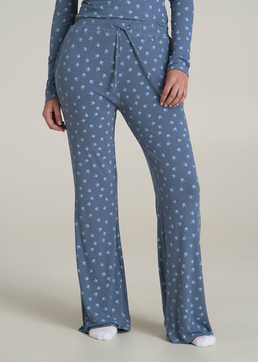 Ribbed Flare Pants for Tall Women in Vintage Indigo Floral