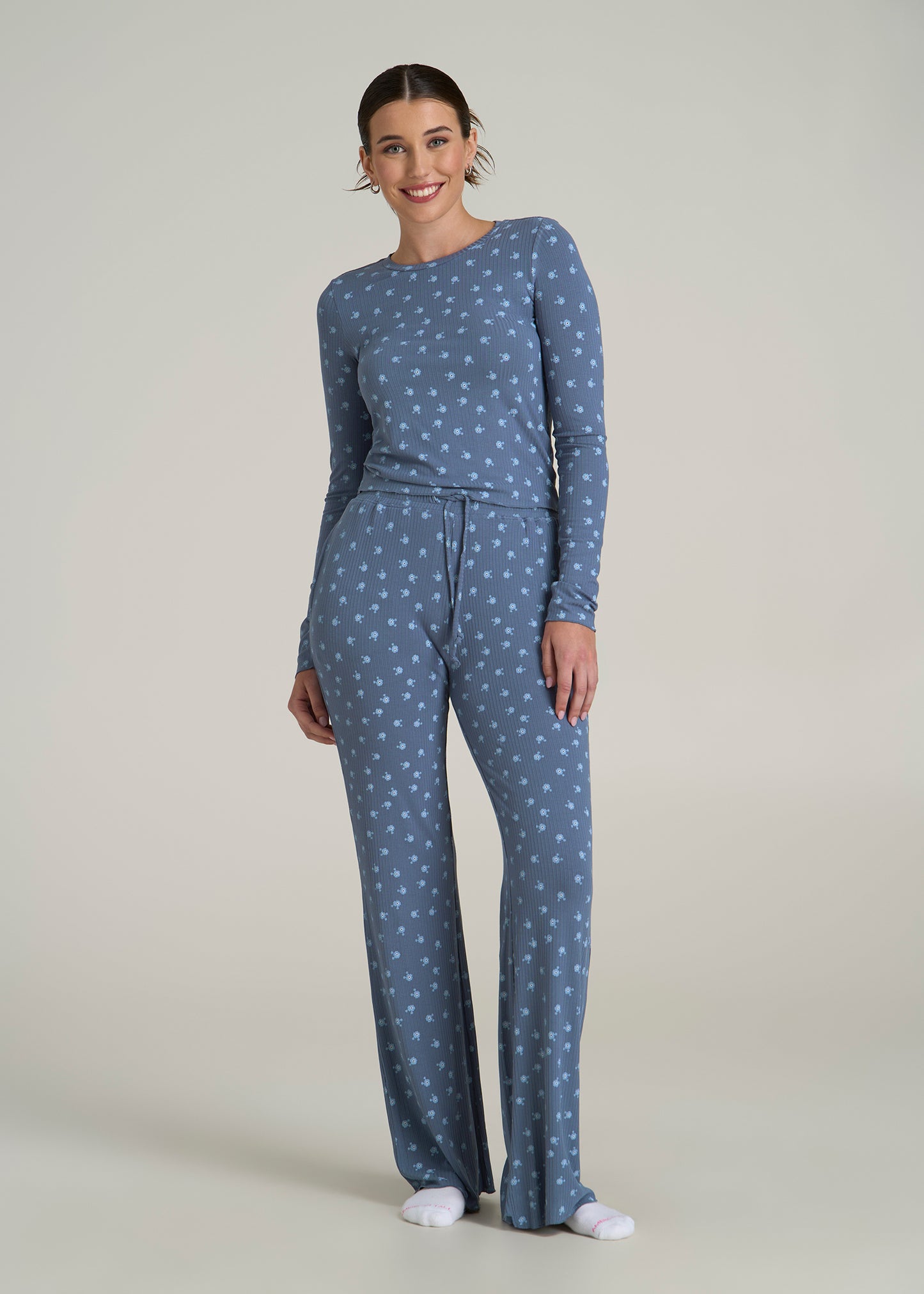 Ribbed Flare Pants for Tall Women in Vintage Indigo Floral