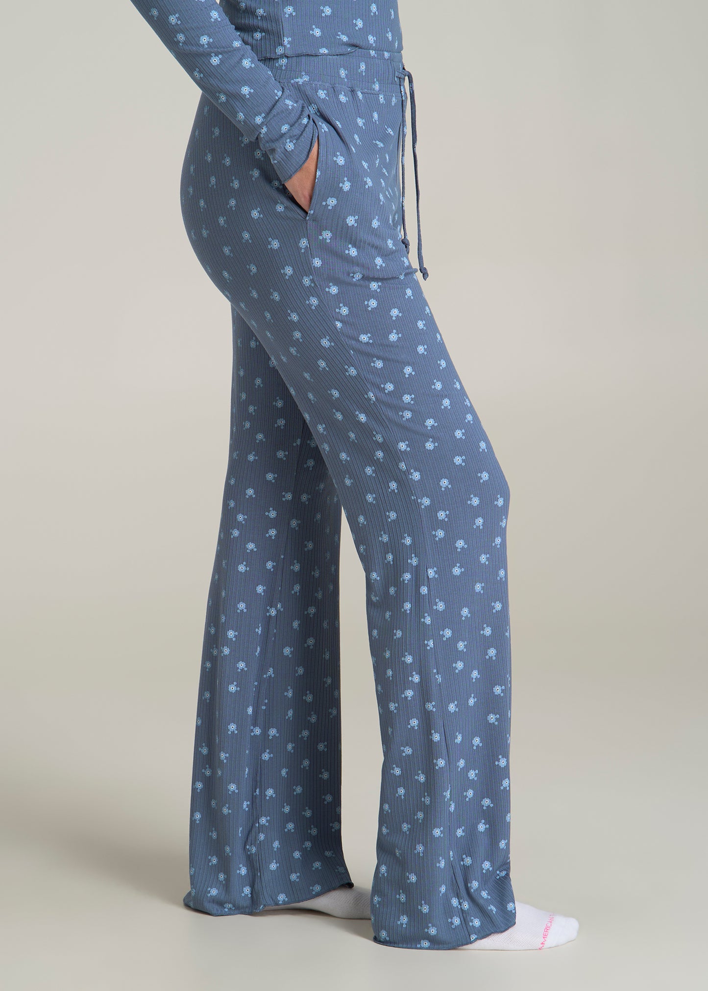 Ribbed Flare Pants for Tall Women in Vintage Indigo Floral